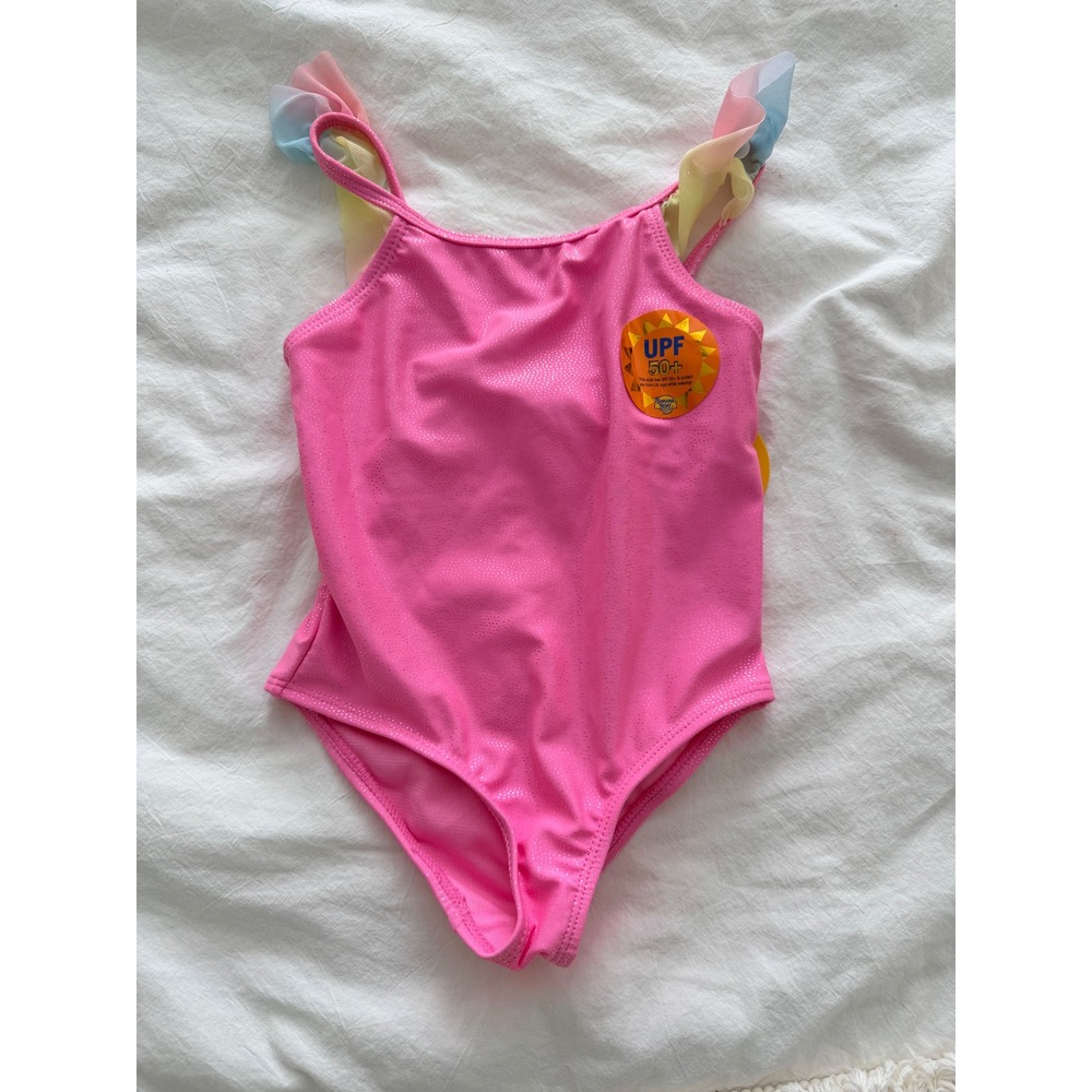 Banana Boat Kids Pink Shimmer One Piece Swimsuit UPF 50+ Rainbow Ruffle 2T NWT